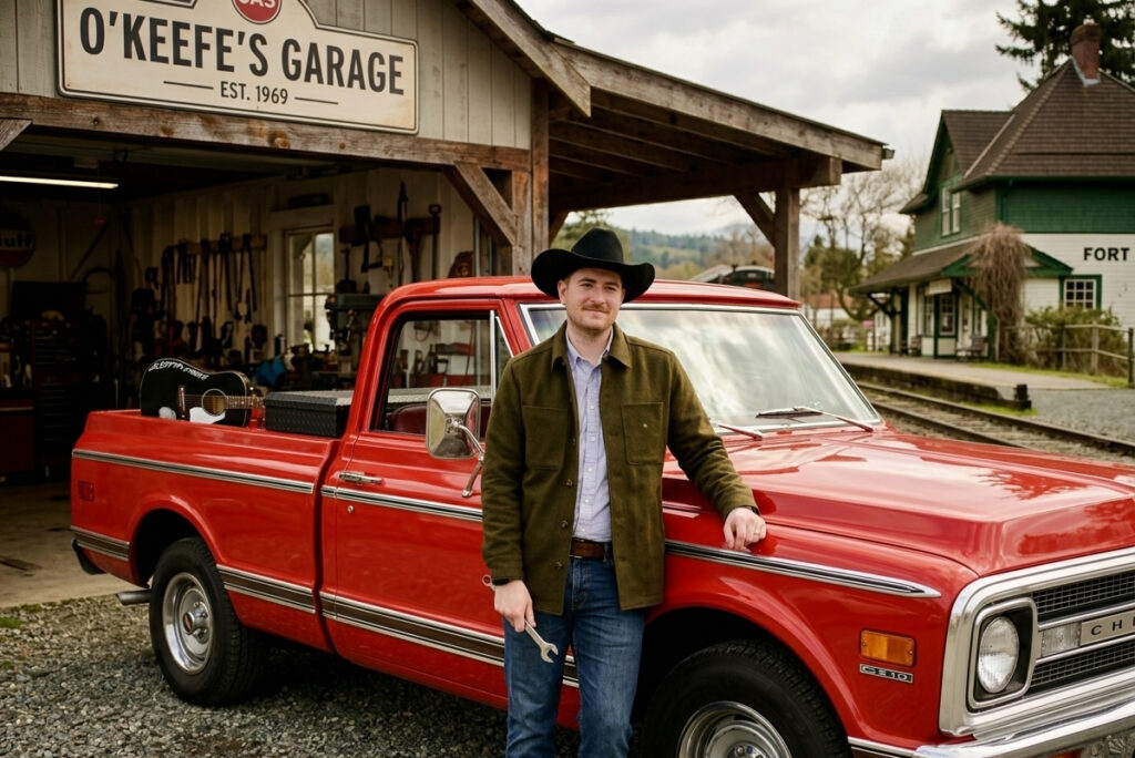 Traditional country singer Austin T. O'Keefe leaning against a red 1969 Chevy C10 truck at O'Keefe's Garage. Austin T. O'Keefe working on his 69 Chevy