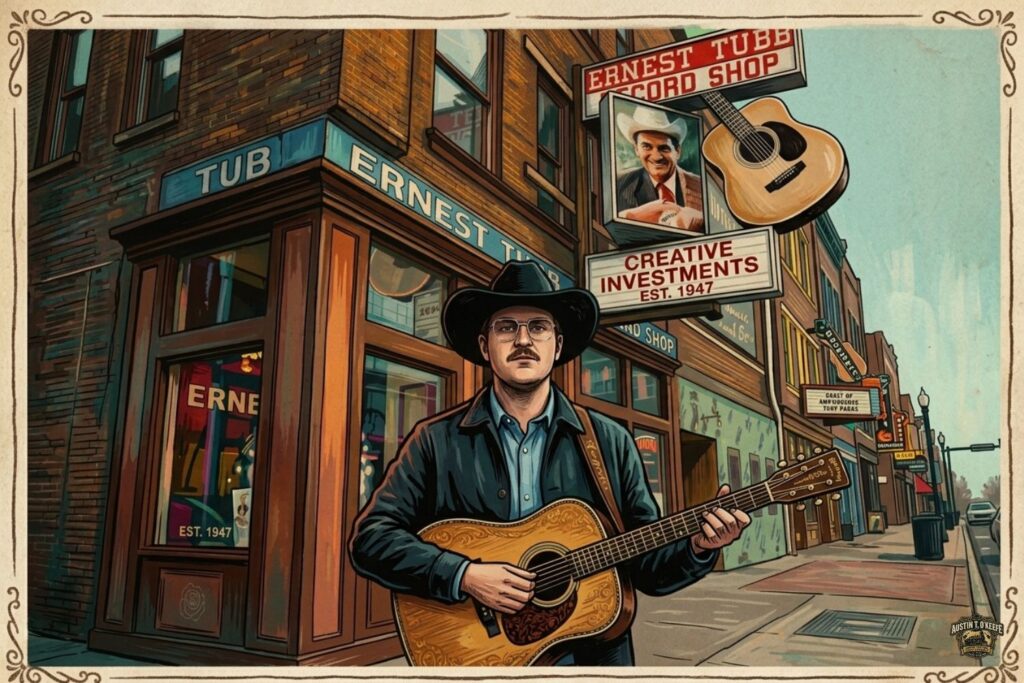 Austin T. O'Keefe exploring the history of Ernest Tubb and Western Swing at the iconic Nashville record shop.
