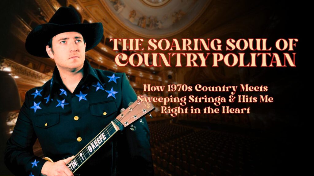 Austin T. O’Keefe in a black western shirt with blue stars holding an acoustic guitar, integrated into a cinematic 1970s-style graphic featuring a sunset farm, a silver trumpet, and glowing orchestral violin strings. Austin T. O'Keefe playing guitar with 1970s Countrypolitan orchestral graphics. Austin T. O’Keefe and the 1970s Countrypolitan Sound