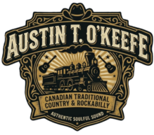 Official logo for Austin T. O'Keefe, featuring rugged Western typography, a stylized steam locomotive, and acoustic guitars in a charcoal and vintage gold emblem.